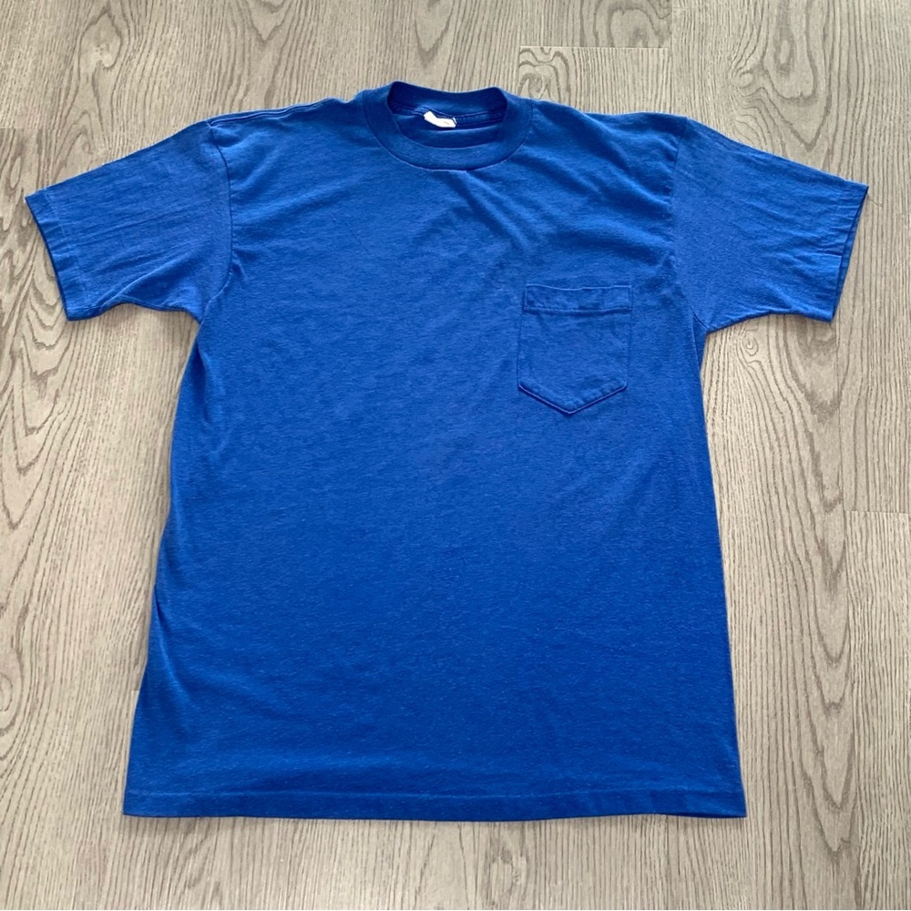 Vintage 80s McGregor Blue Blank Selvedge Pocket Tee‎ Medium Single Stitch